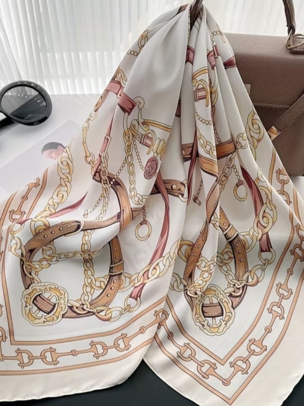Elegant White Chain & Link Print Square Large Silky Scarf 27.5x27.5"